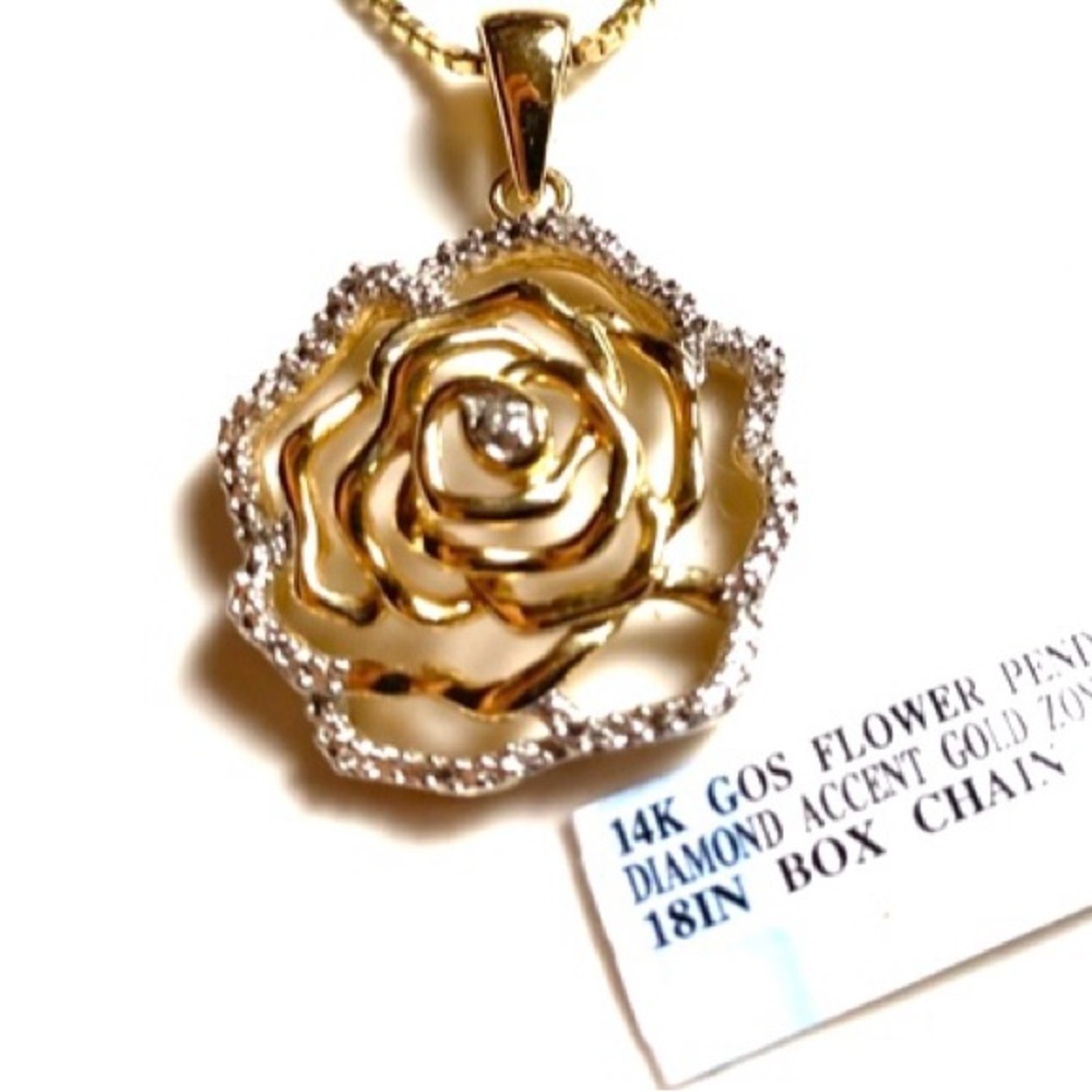 14K Gold Over Sterling Silver Flower Pendant With Diamond Accents - Picture 4 of 7